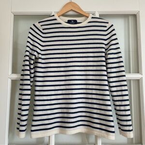 Lands End 100% cashmere navy blue white striped Breton crew neck sweater M/P